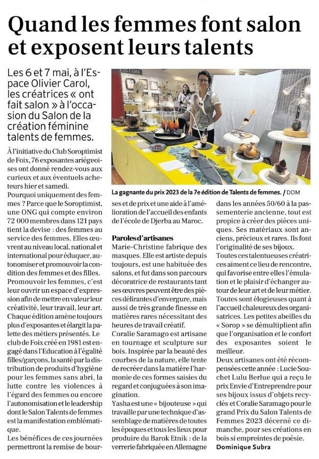 Article de Presse Salon Talents de Femmes - Remise du Prix du Salon à Coralie Saramago