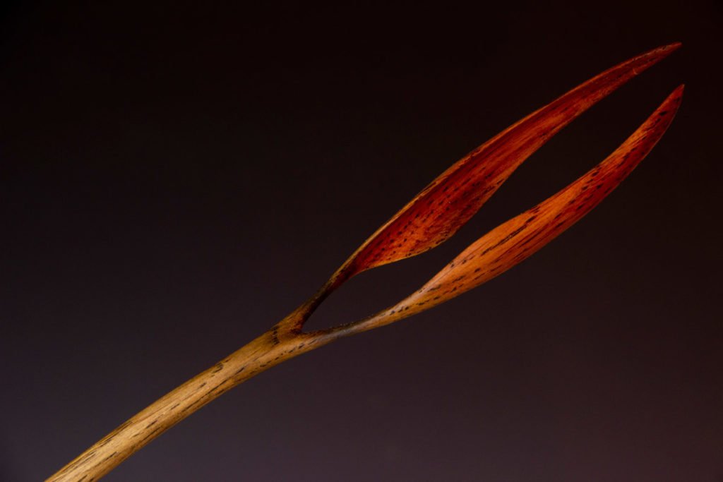 vue détaillée des feuilles de la sculpture tournée et cintrée "Graine de Terre" - une création originale de Coralie Saramago
