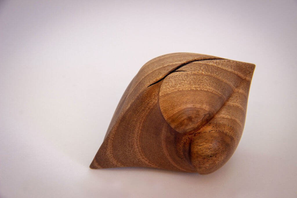 Vue de côté 
de la sculpture tournée : "Graine d'Amour bustier" (sculpture sensorielle et ergonomique dans la main, inspirée par la forme du coeur, en noyer foncé) - Création originale de Coralie Saramago